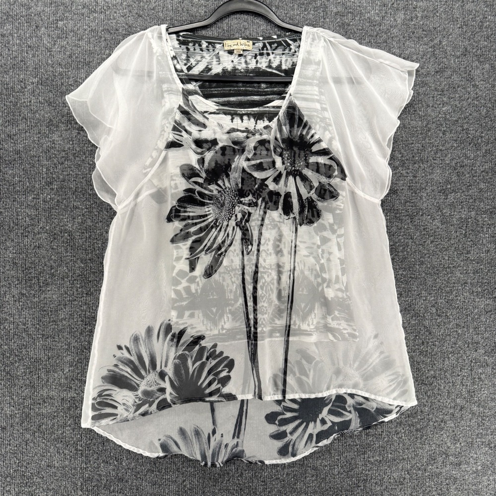 Live and Let Live Top Womens M White Black Floral Sheer‎ Resort Coastal Feminine